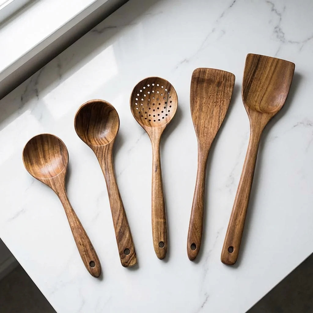 Home Full Kitchen Utensil Set 5 Pieces - Acacia Wood Heat Resistant Wok Spatula Soup Ladle Slotted Spoon Set Durable & Pan-Safe