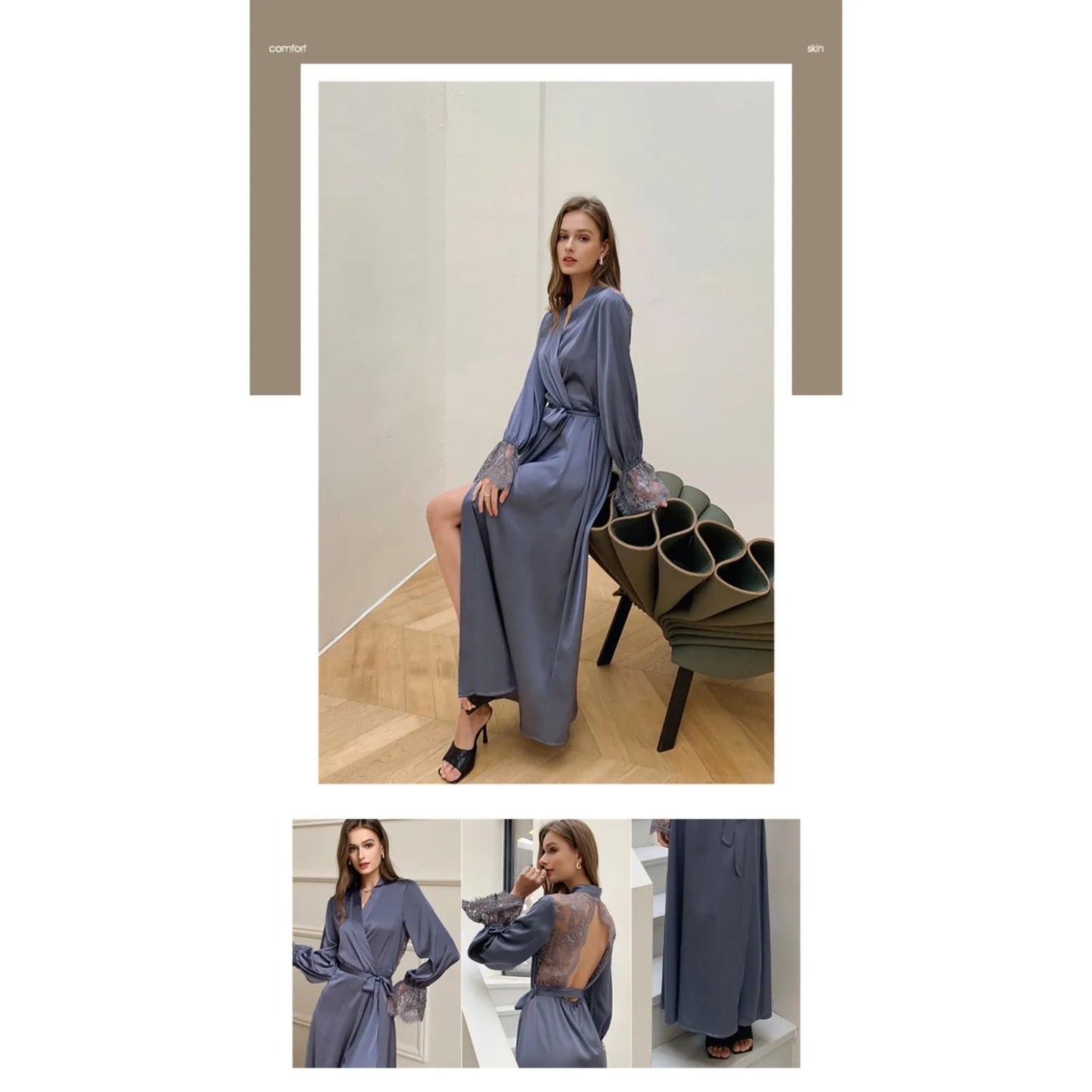 Elegant Women Luxury Sexy Lace Pajama Flare Sleeve Long Cardigan Satin Ice Silk V Neck Backless Kimono Homewear Women Bathrobe