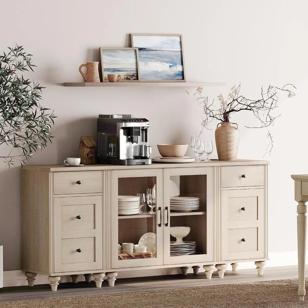 Tableware cabinet with glass doors, buffet cabinet, wooden coffee bar table with adjustable shelves, and 2 drawer cabinets