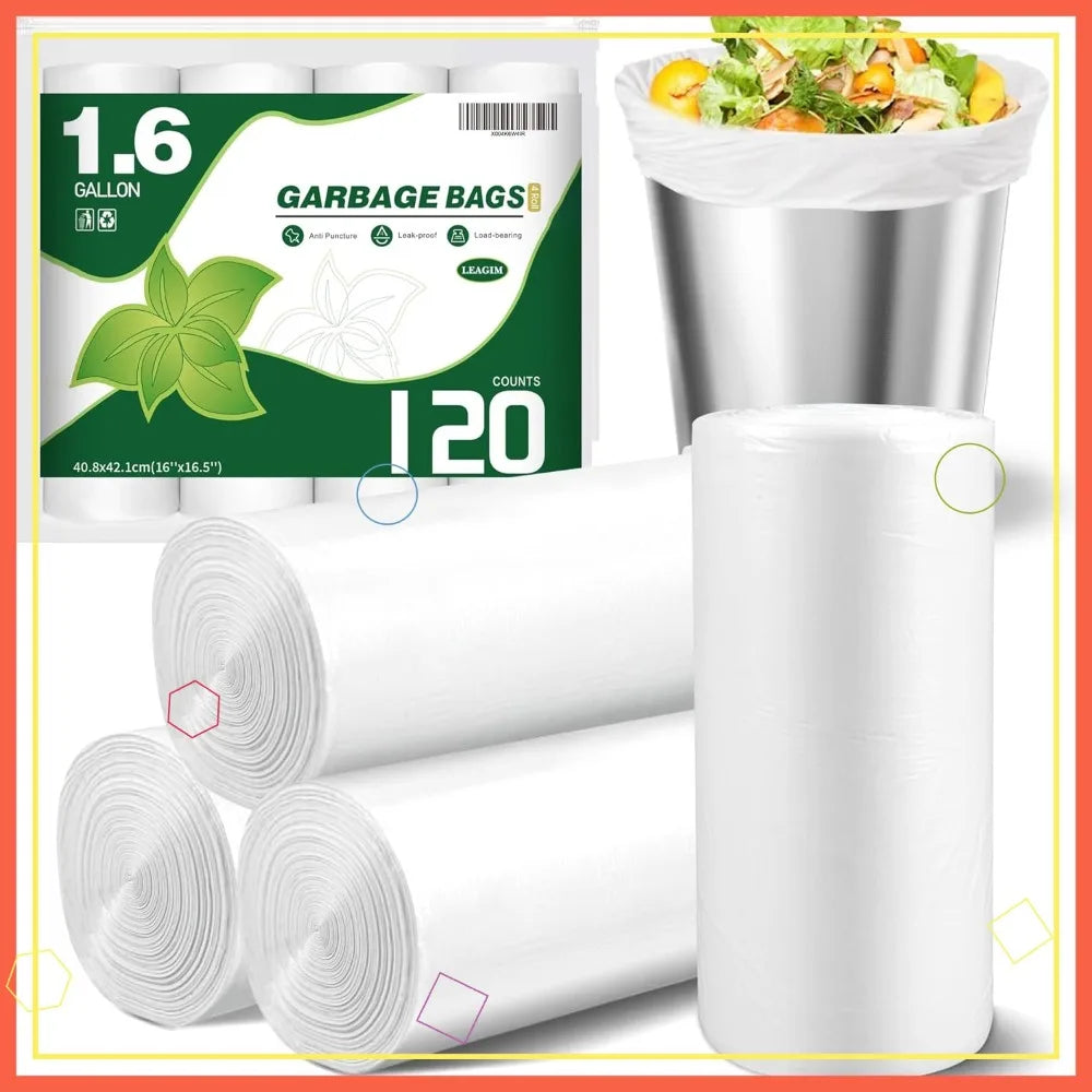 120 Counts 1.6 Gallon Small Trash Bags, Mini Garbage Bags Fit 1.2-2 Gal Bathroom Office Bedroom