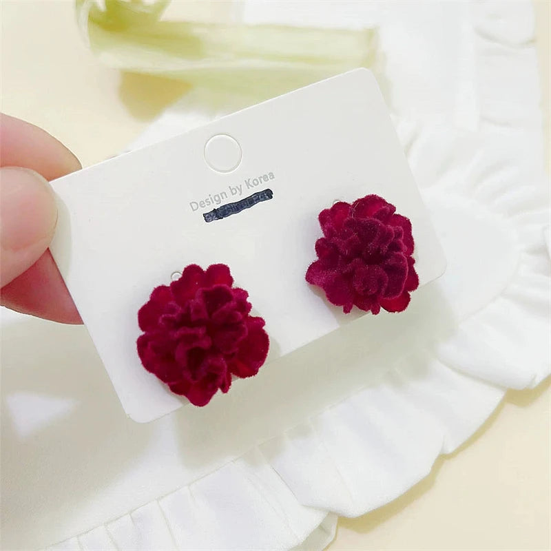 Temperament Winered Flocking Camellia Flower Stud Geometry Earring Jewelry Christmas Girl Friend Gift