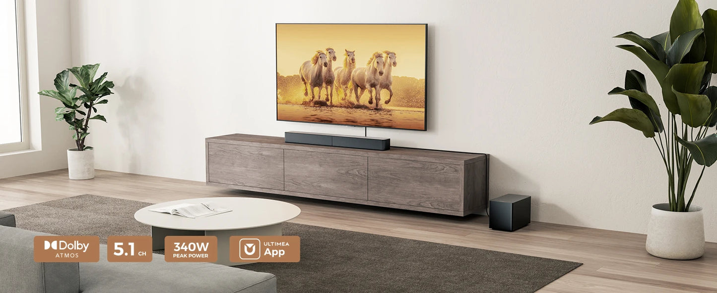 ULTIMEA 340W 5.1CH Surround Sound Bar with Dolby Atmos and Subwoofer, VoiceMX,BassMX, APP Control, Home Theater Soundbar Speaker
