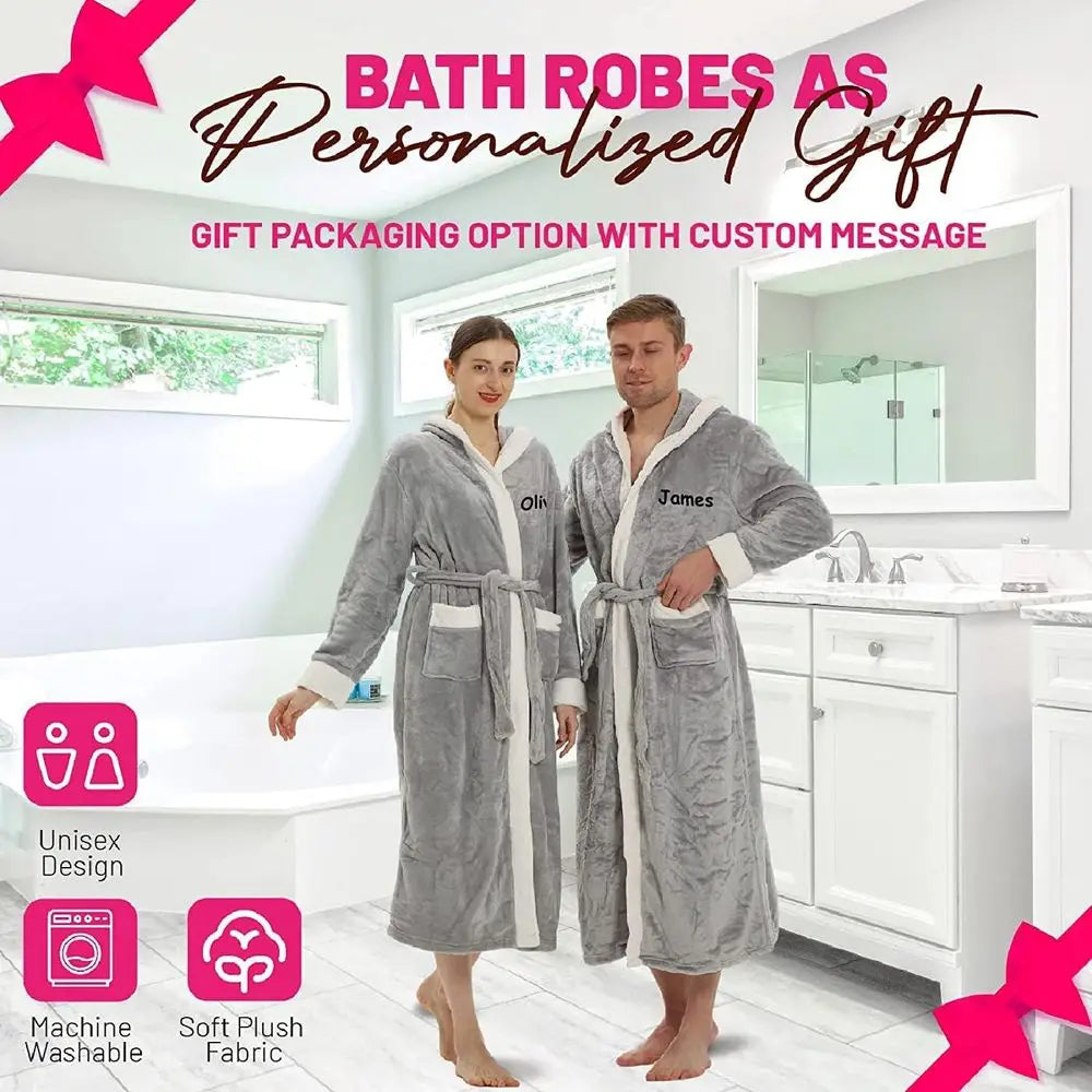 His and Her Hooded Plush Robes with Custom Names - Personalized Couple Robes for Women and Men - Luxurious Spa Bathrobes