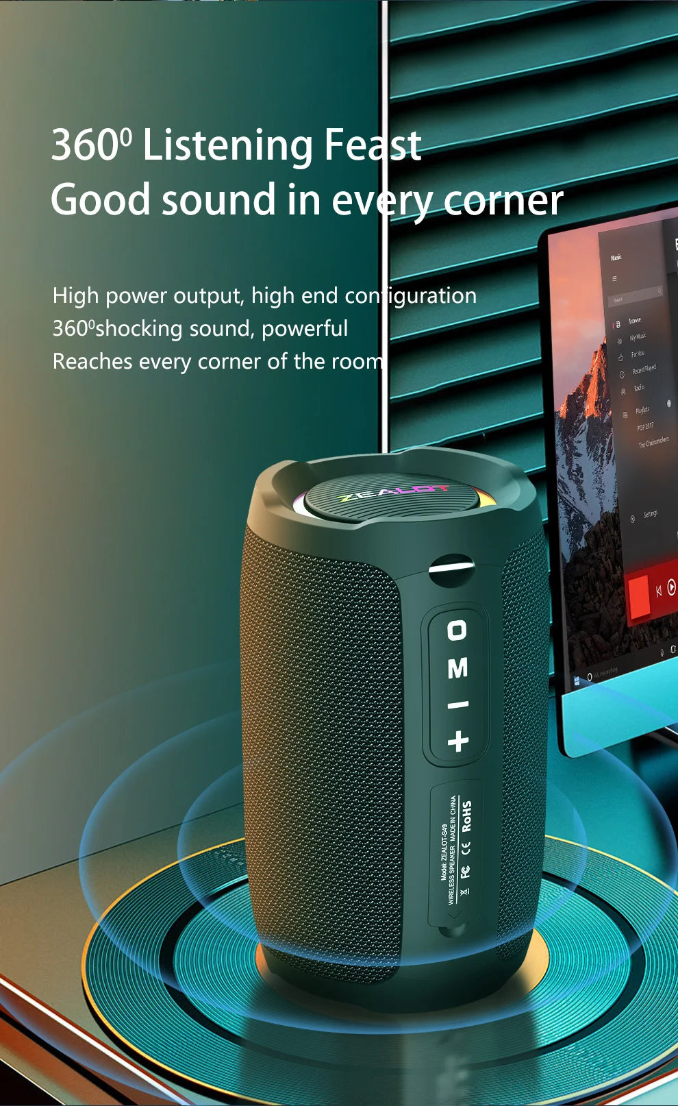 Zealot S49 20W Portable Ourdoor Wireless Subwoofer Speaker,Waterproof IPX 6,Dual Pairing,3600mAh Battery, 12 Hours Playtime