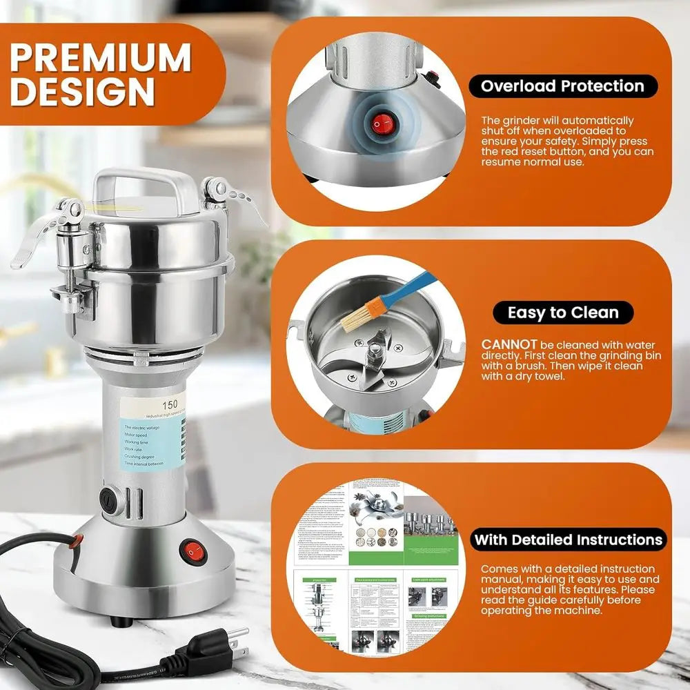 High Speed 150g Electric Grain Mill Grinder Spice Grinder 750W Stainless Steel for Spice, Herb, and Coffee Grinding