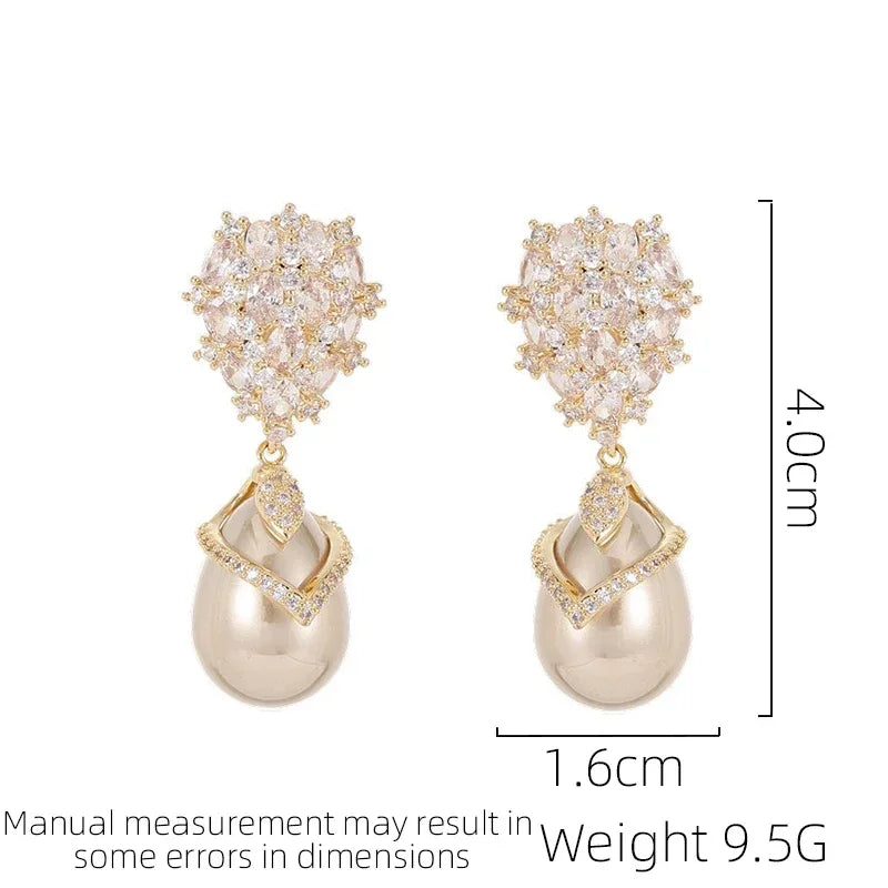 Inlaid Cubic Zirconia Earrings Elegant design Palace Style Droplet Imitation Pearl Like Women  Earrings