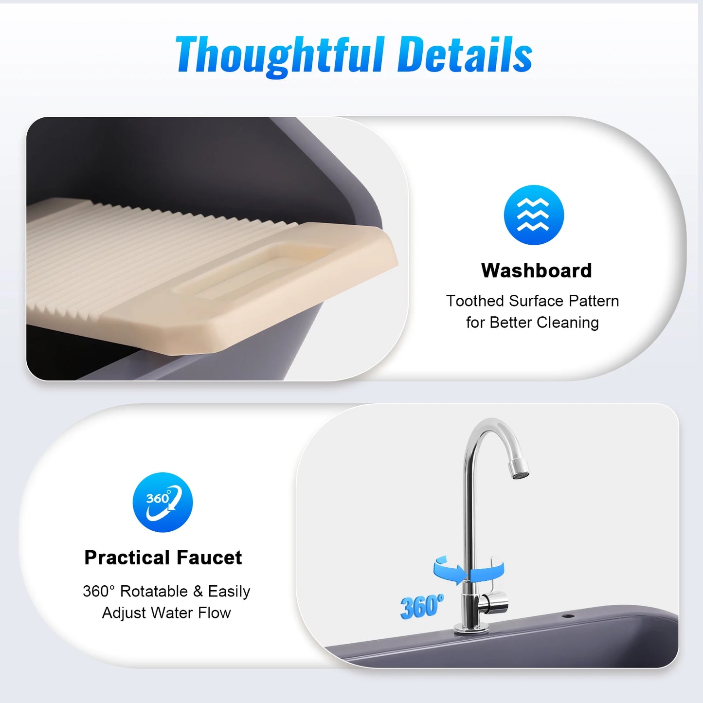 Utility Sink with 360° Faucet, 48L Large Capacity Laundry Sink for Cleaning Kitchen Garage, PP Freestanding Sink with Washboard
