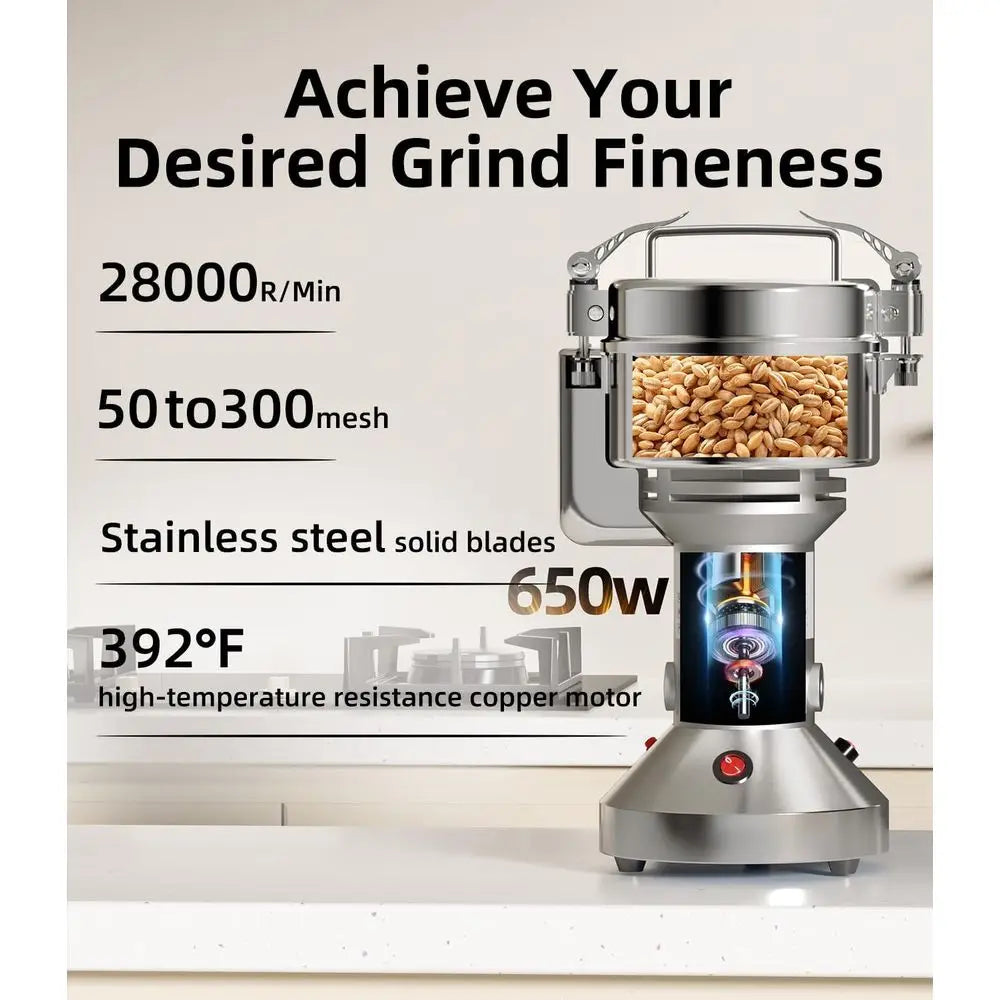 650W Electric Grain Mill Grinder, 150g High-Speed Stainless Steel Dry Food Grinder for Wheat, Rice, Corn, Spices & Herbs, with T