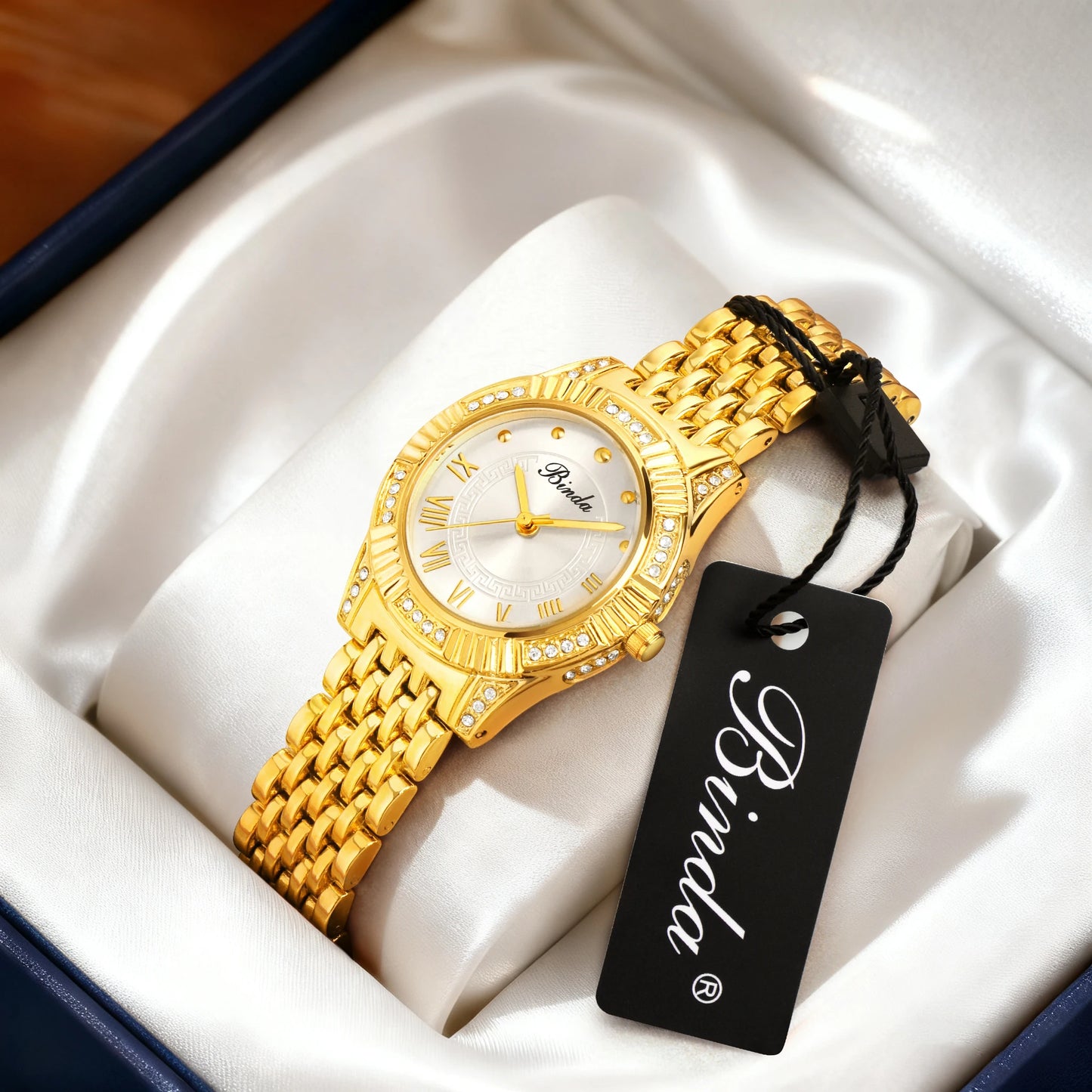 Binda Women's Fully Iced-Out Quartz Watch, Elegant Round Dial, High-Quality Rhinestones, Multi-Color Options, With Gift Box