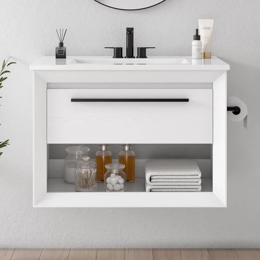 30" Bathroom Vanity with Sink, Wall Mounted Bathroom Vanity with 1 Der ＆ 1 Open Shel, ern loating Bathroom Sink Cabinet with Und