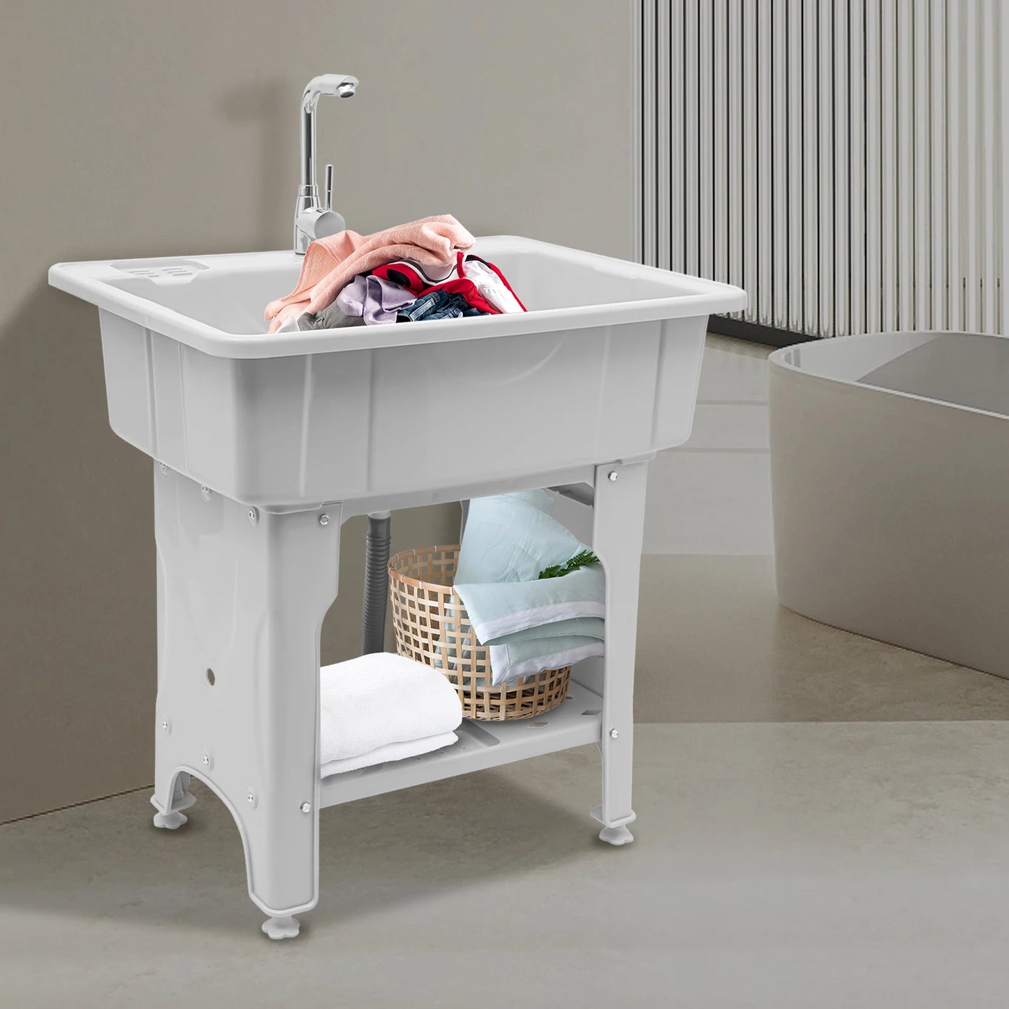 Large 70kg Capacity Modern Rectangular Laundry Sink, Gray Spacious Utility Tub & Wash Station, Complete with Storage Shelf