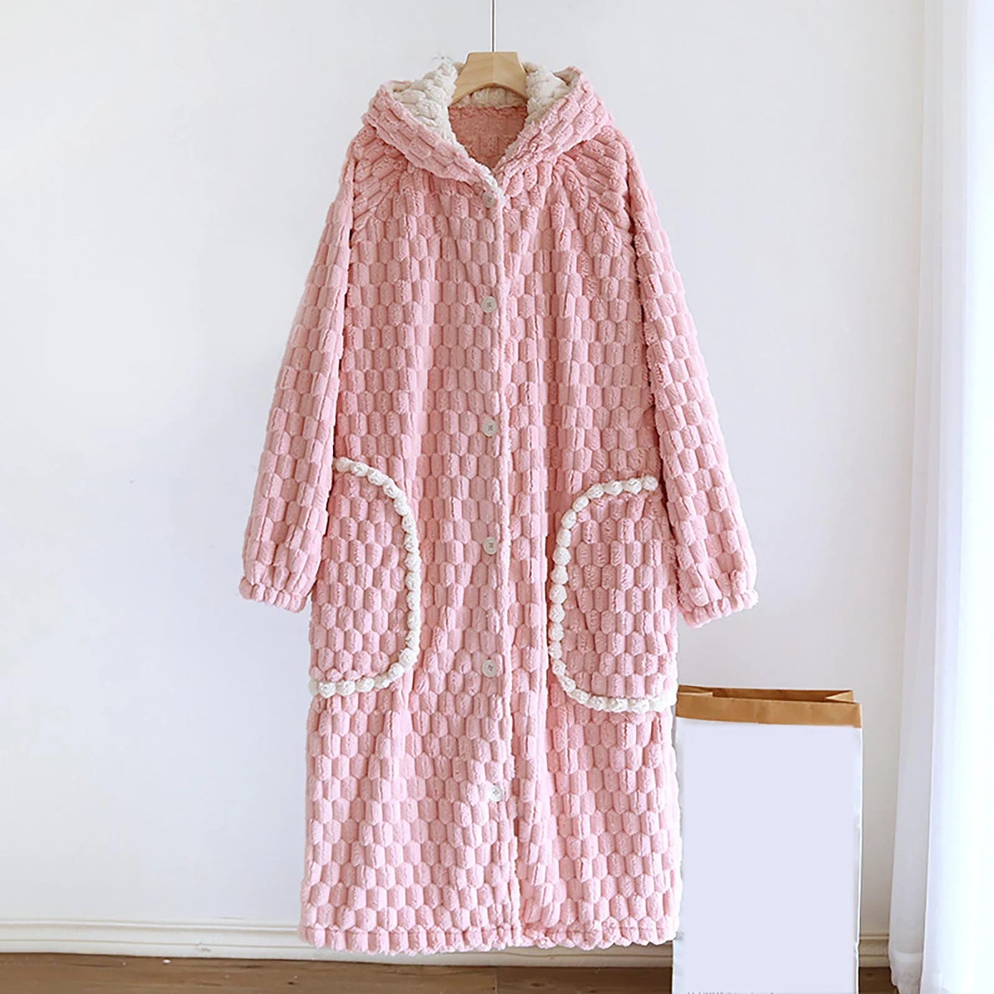 Women'S Loose Hooded Robe Nightgowns With Thick Plush Long Autumn Winter Coral Fleece Bathrobe With Big Pockets Woman Nightwear