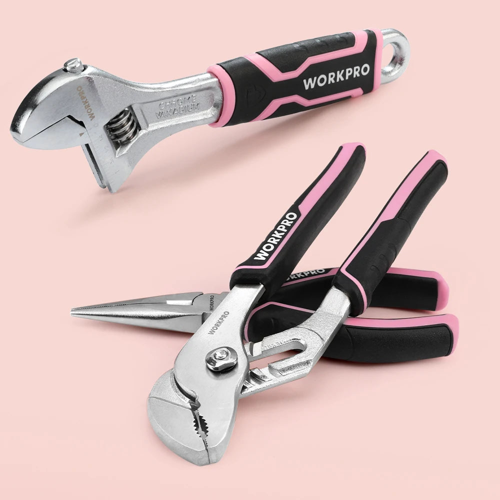 WORKPRO 53-Piece Pink Tool set with Electric Cordless Screwdriver, Basic Tool Kit Set for Women with 13'' Portable Tool Bag