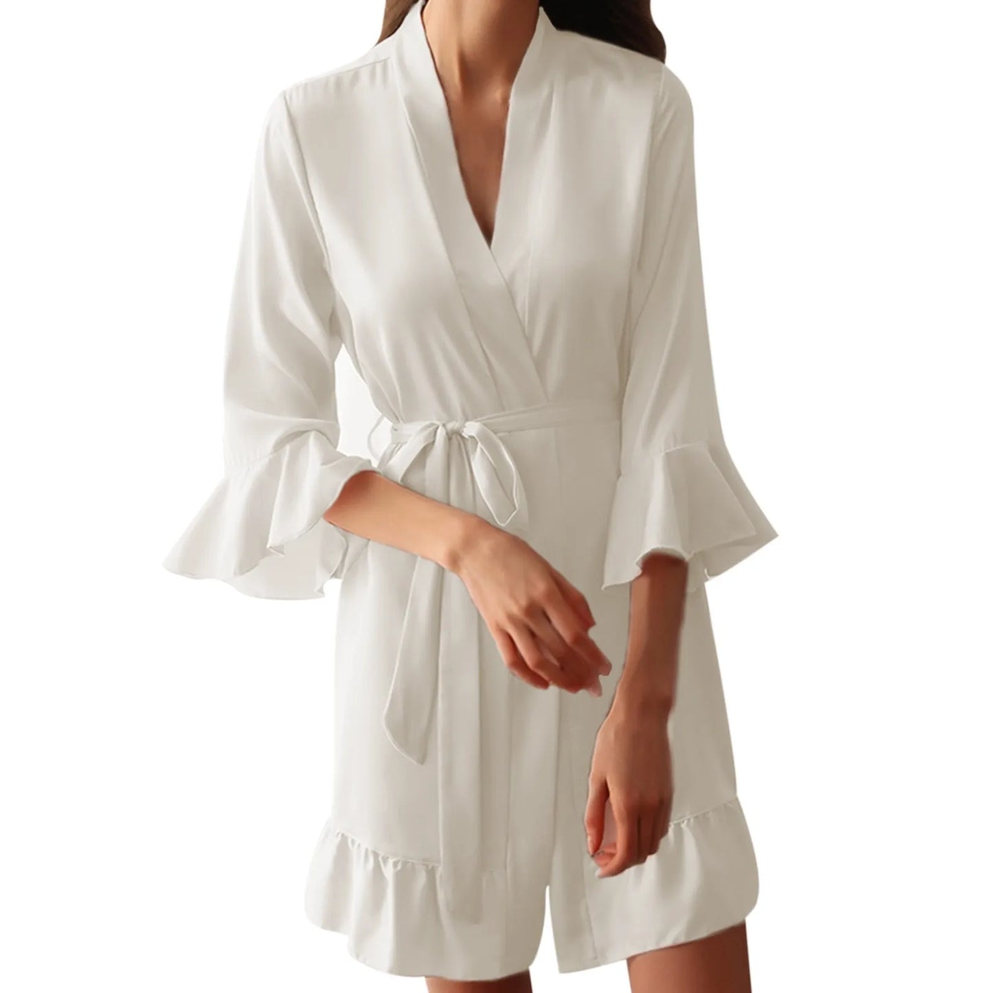 Sexy Lingerie For Women Autumn Winter Bride Robe Seductive Silk Kimono Ruffled Sleeves Sleepwear Kimono For Women New Pijama