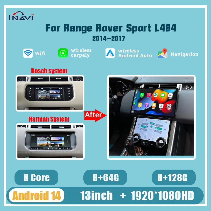13'' For Range Rover sport 2014-2017 L494 Android 14 Multimedia Player Radio Wireless Carplay Retains the Original Feature Menu