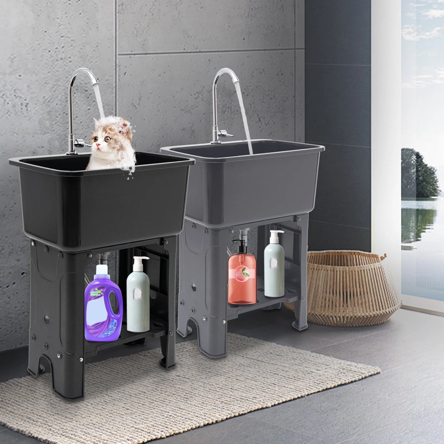 Large Utility Sink Laundry Tub (22.05x12.6x10.24"), Black Color, Quick Drainage, Full Set with Faucet, Hose, and Drain Pipe Incl