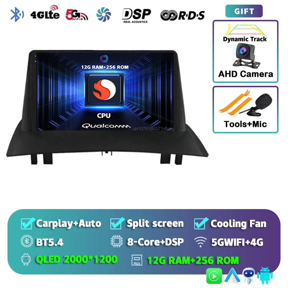 Android 15 For Renault Megane 2 2002-2009 2K QLED Android Car Radio Multimedia Video Player GPS Stereo CarPlay 4G Navigationv BT