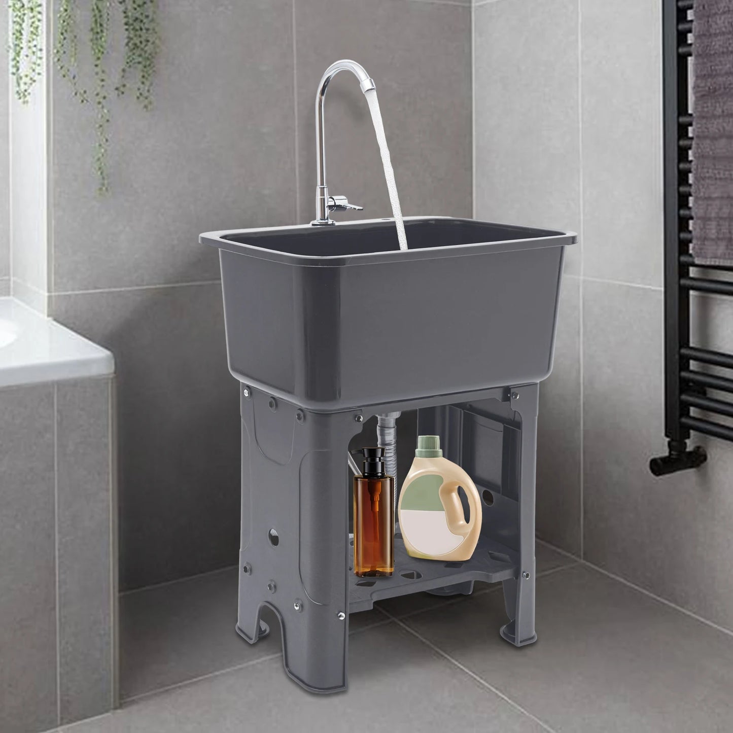 Utility Sink with 360° Faucet, 48L Large Capacity Laundry Sink for Cleaning Kitchen Garage, PP Freestanding Sink with Washboard