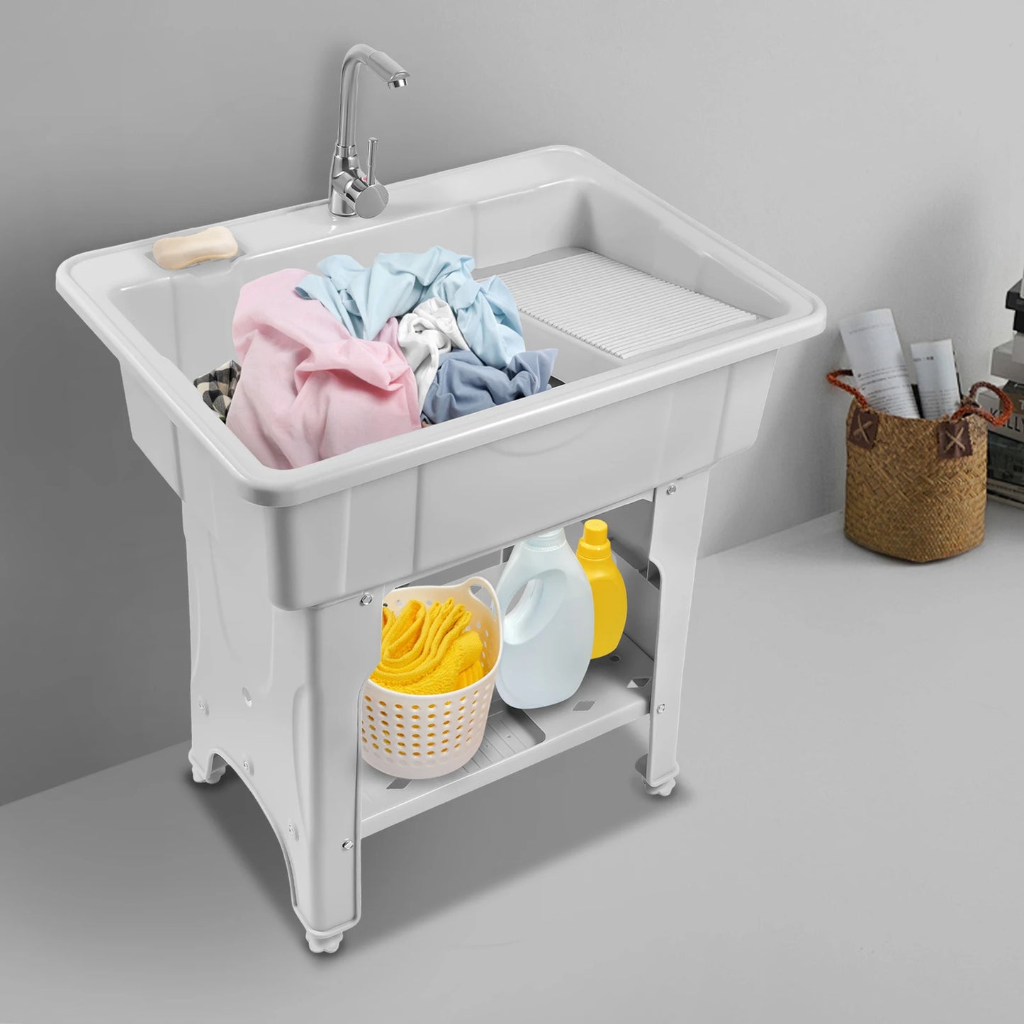 Large 70kg Capacity Modern Rectangular Laundry Sink, Gray Spacious Utility Tub & Wash Station, Complete with Storage Shelf