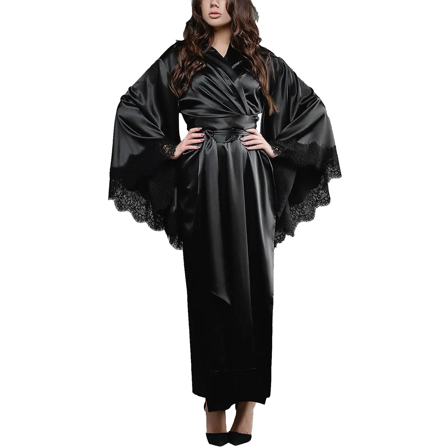 Women's Sexy Long Kimono Dress Lace Bath Robe Lingerie Gown Ice Silk Nightdress Solid Color Lace Nightgown Nightwear Plus Size