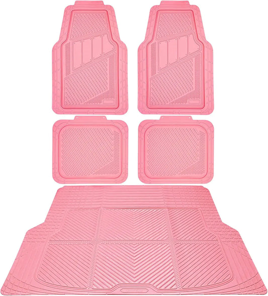Pink Heavy Duty Rubber Floor Mats Full Set with Trunk Liner - Universal Waterproof All Weather Car Mats for Women SUV Truck