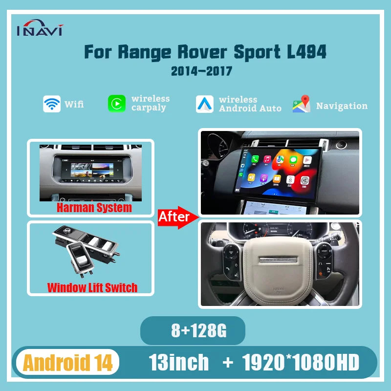 13'' For Range Rover sport 2014-2017 L494 Android 14 Multimedia Player Radio Wireless Carplay Retains the Original Feature Menu