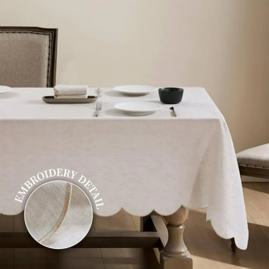 100% French Flax Linen Tablecloths Scalloped Embroidery Rectangle 84Lx60W Inch for Dinners, Parties, Spring, Easter, Machine Was