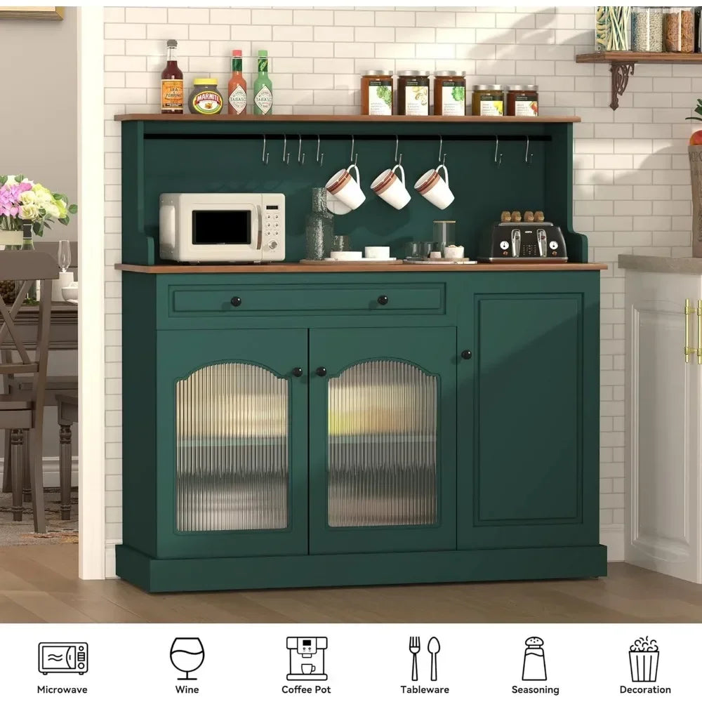 48” Coffee Bar Cabinet with Glass Doors, Wood Kitchen Pantry Cabinet with Glass Doors, Green Microwave Cabinet，Kitchen Cabinets