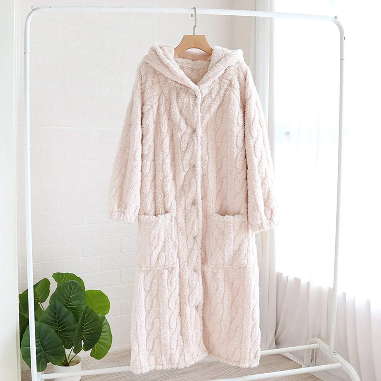 Women'S Loose Hooded Robe Nightgowns With Thick Plush Long Autumn/Winter Coral Fleece Bathrobe With Big Pockets Woman Nightwear
