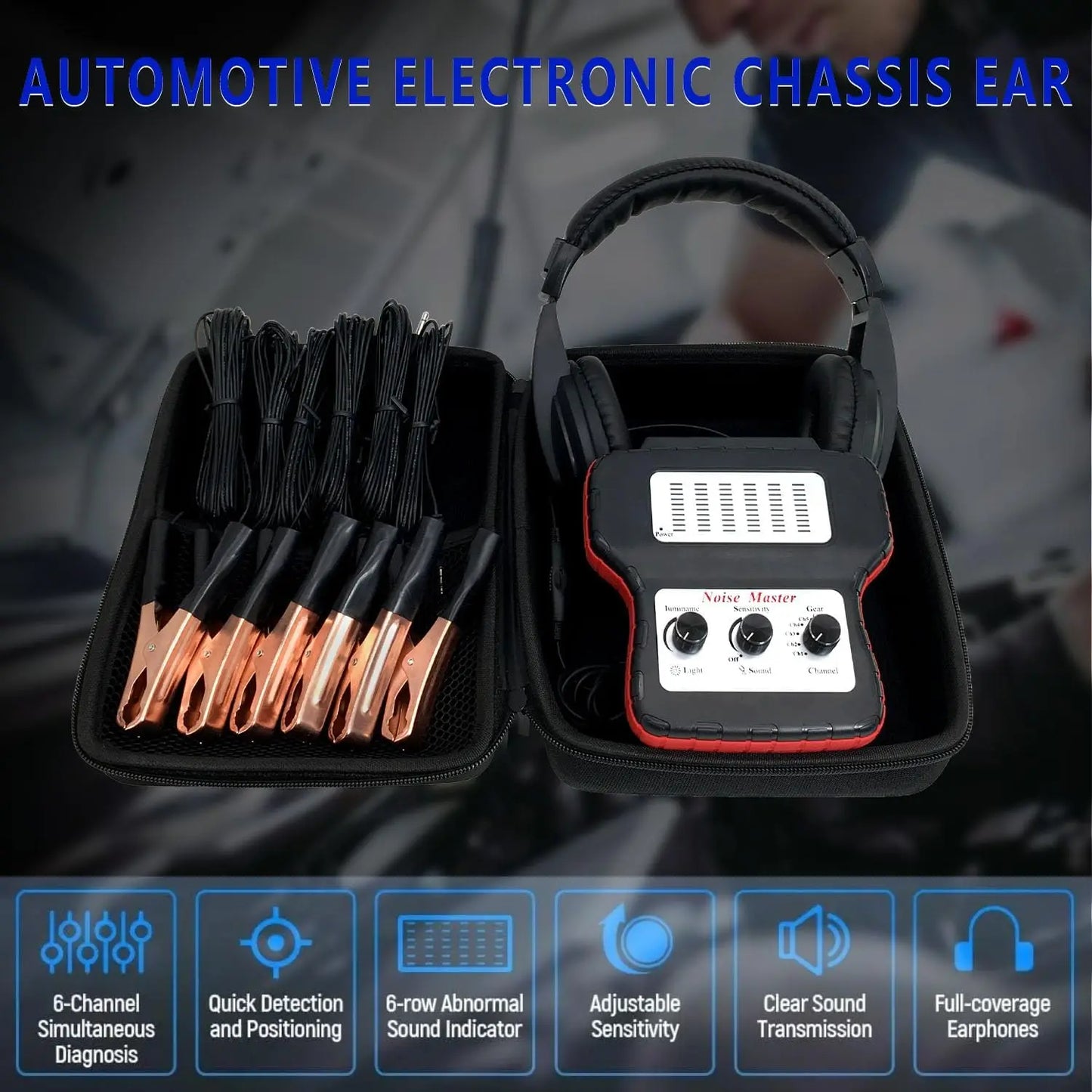 6-Channel Car Engine Noise Detector Kit with Electronic Stethoscope & Headphones for Automotive Diagnostics