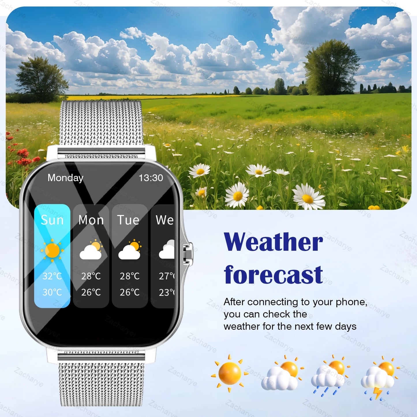 Smart fitness watch, wireless call, multiple exercise modes, SMS alerts, replaceable wallpaper, fitness tracker, outdoor sports