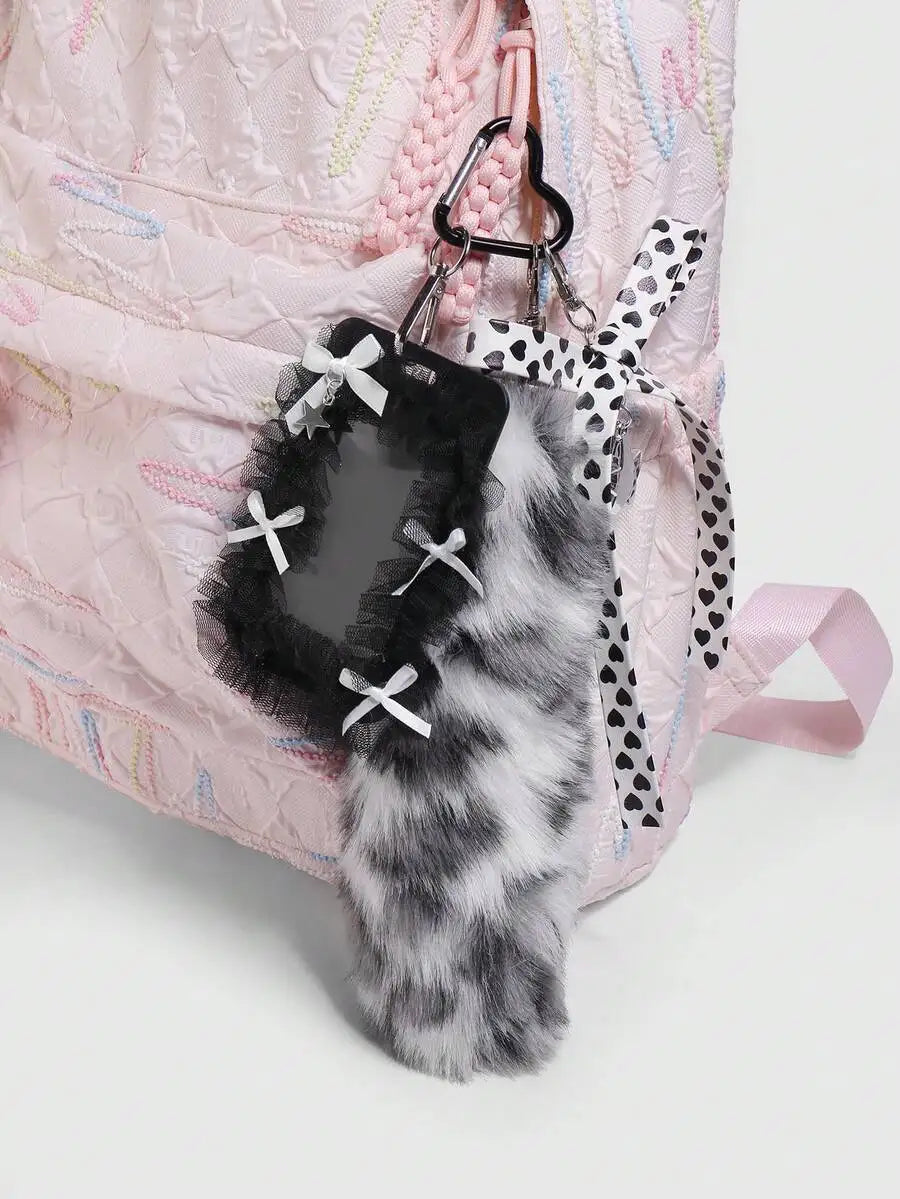 Black & White Faux Fur Ombre Tail Keychain with Tulle Card Holder and Heart Charm