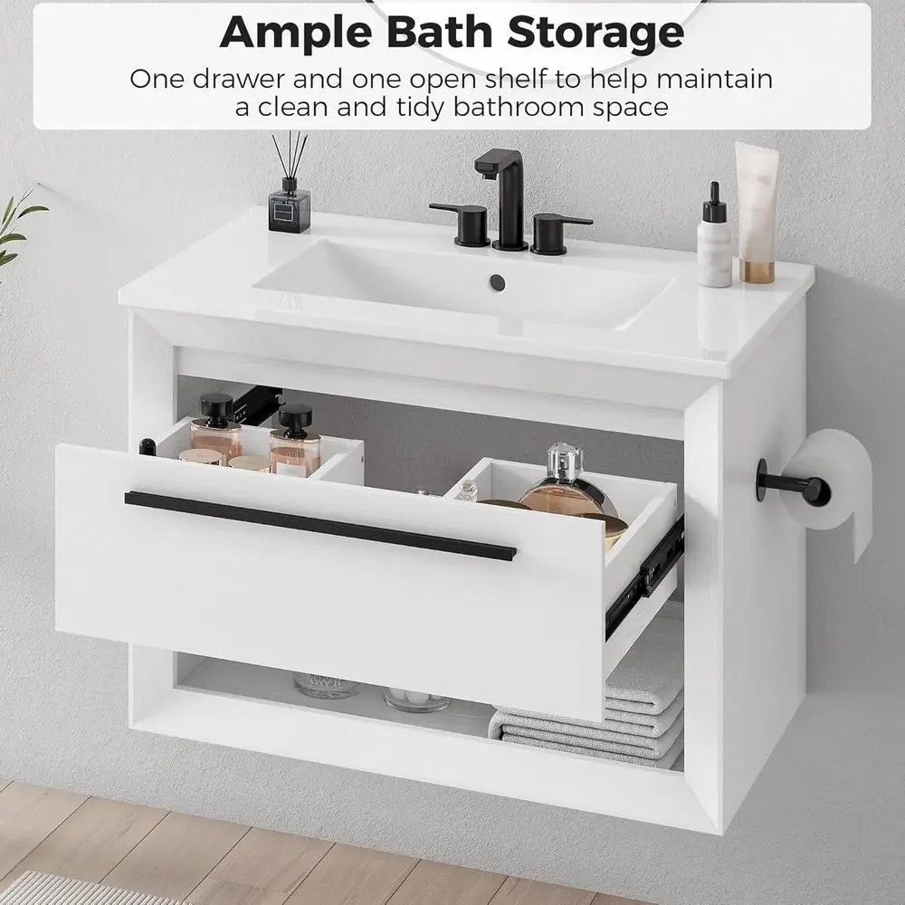 30" Bathroom Vanity with Sink, Wall Mounted Bathroom Vanity with 1 Der ＆ 1 Open Shel, ern loating Bathroom Sink Cabinet with Und
