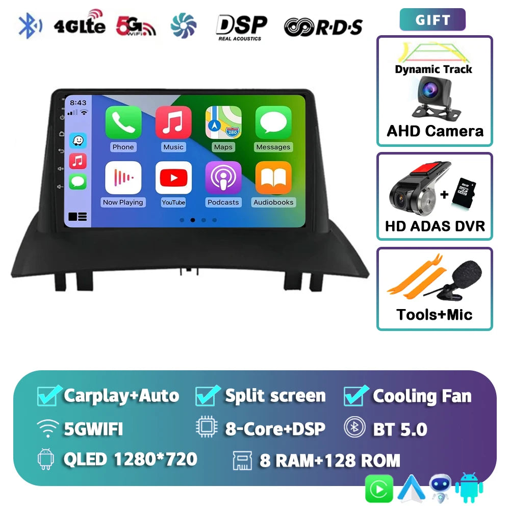 Android 15 For Renault Megane 2 2002-2009 2K QLED Android Car Radio Multimedia Video Player GPS Stereo CarPlay 4G Navigationv BT