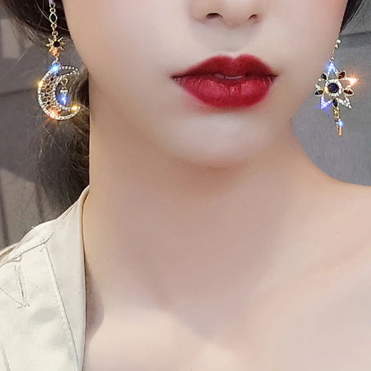 Elegant Silver Color Asymmetric Star Moon Earrings Long Statement Tassel Sparkling Personalized Earrings Jewelry