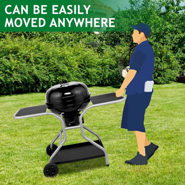 Kettle Charcoal Grill with 2 Side Tables, Storage Shelf, Upgraded Ash Catcher,Outdoor Cooking Barbecue Grill with Wheels