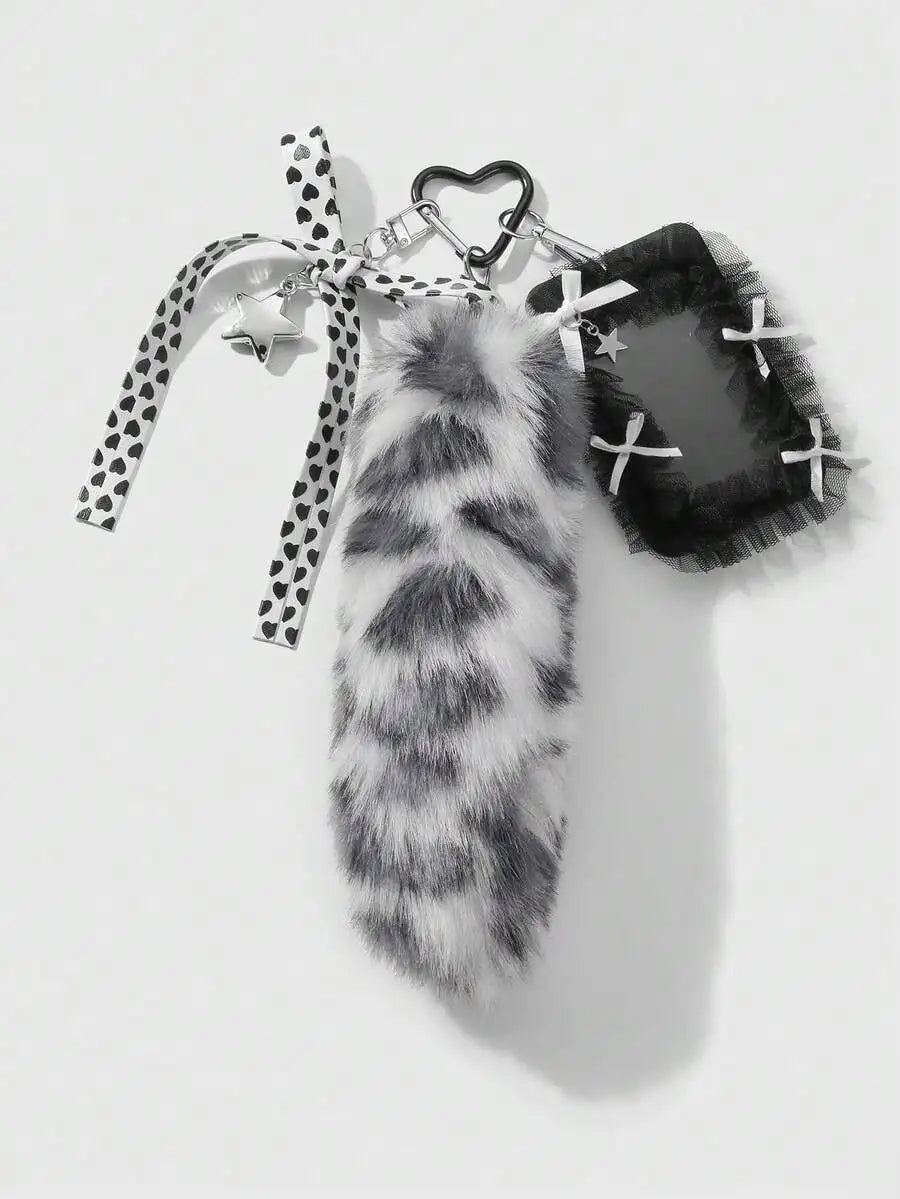 Black & White Faux Fur Ombre Tail Keychain with Tulle Card Holder and Heart Charm