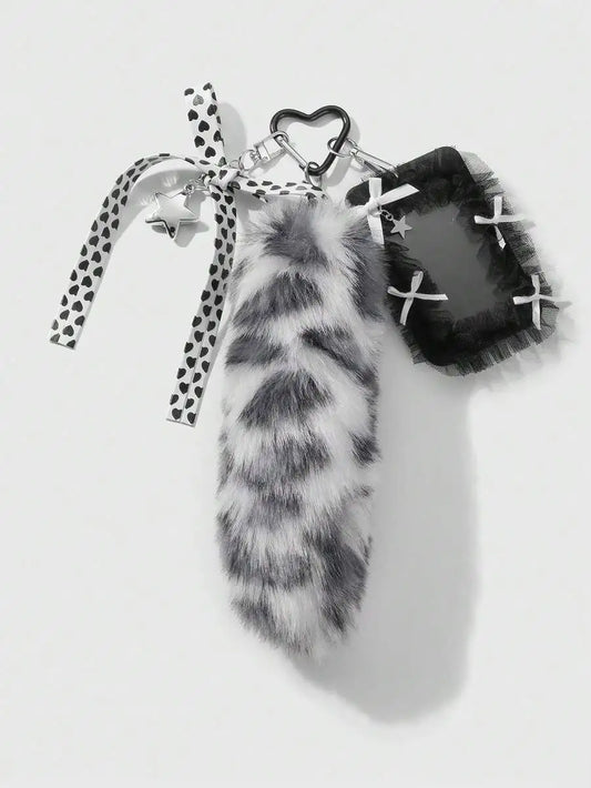 Black & White Faux Fur Ombre Tail Keychain with Tulle Card Holder and Heart Charm