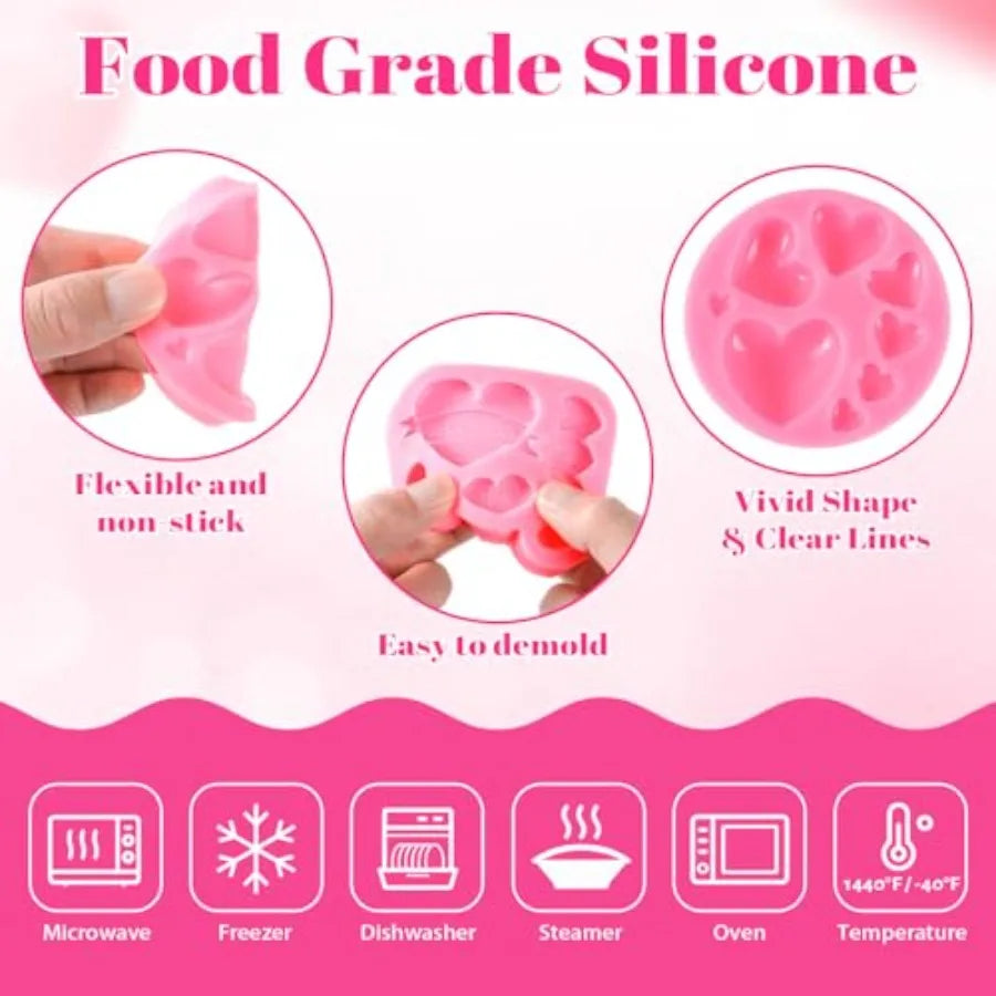 5Pcs Heart Chocolate Molds Silicone Set Valentine Silicone Chocolate Molds with Bear LOVE Letter and Gift Box Shapes Red Silico
