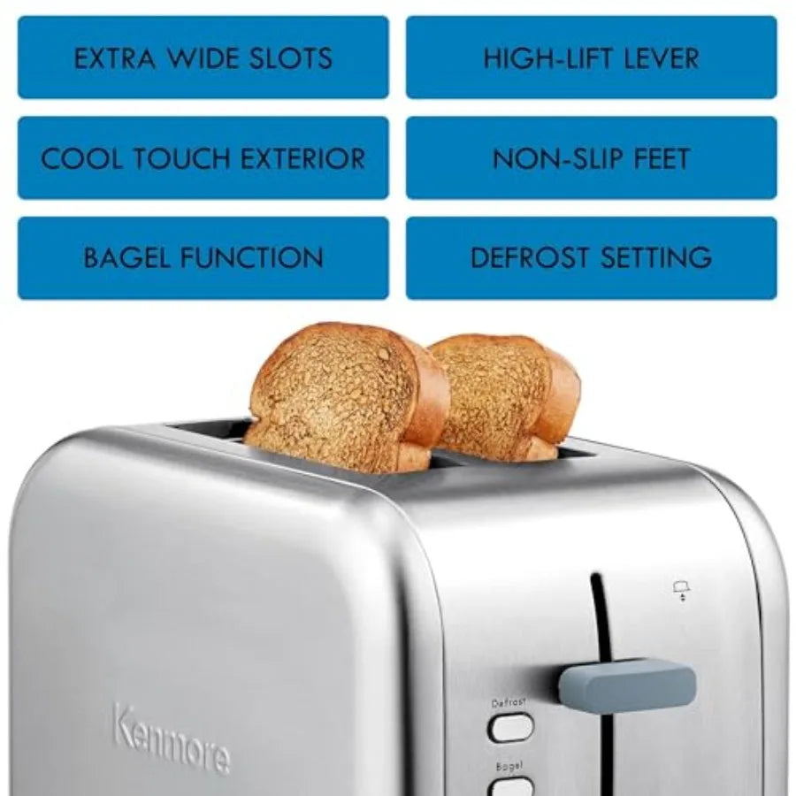Kenmore 2-slice toaster with extra wide slots stainless steel finish 9 shade settings defrost function compact countertop kitch
