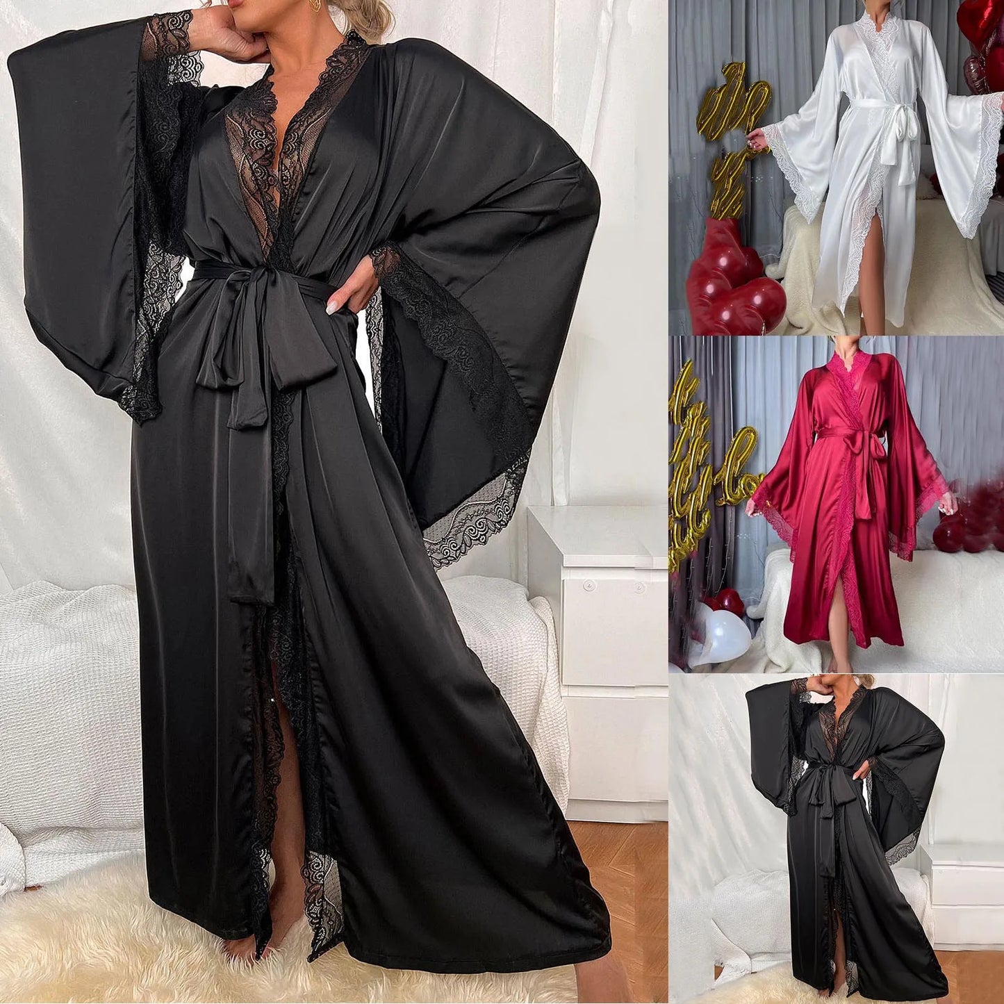 Long Solid Kimono Robe Women Sexy Lace Patchwork Bathrobe Gown Flare Sleeve Sleepwear Nightwear Bride Wedding Robes Loungewear