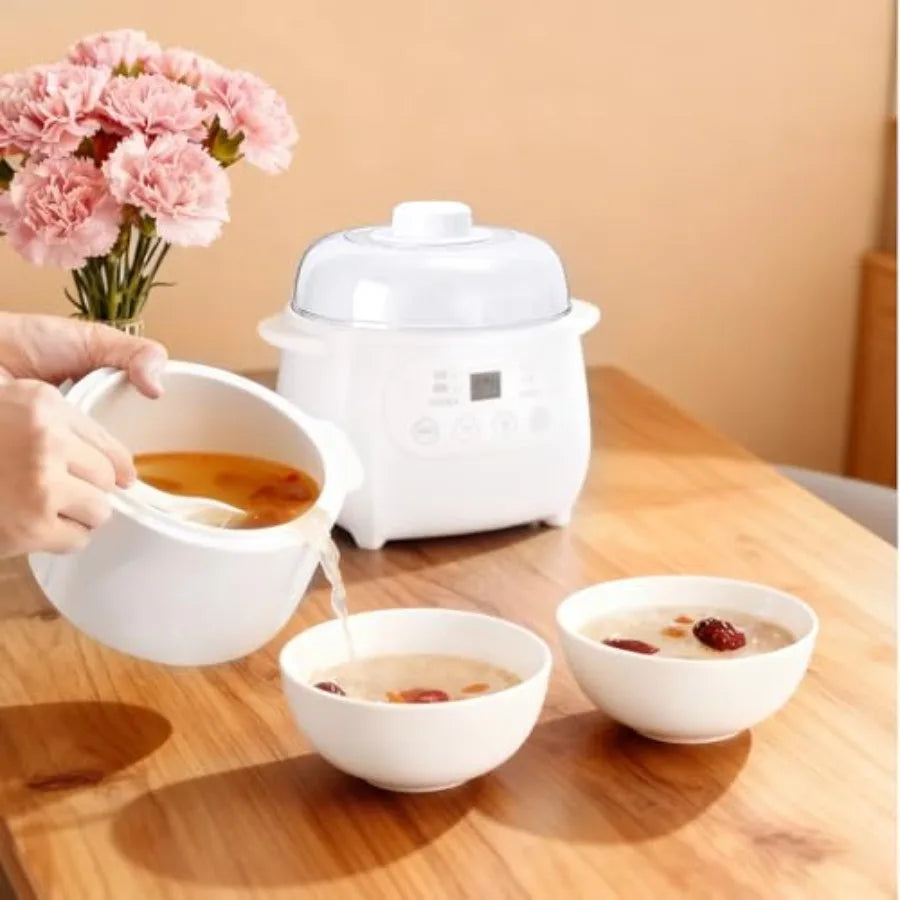 Electric Stew Pot 1L with Ceramic Liner - 200W Slow Cooker for Porridge Soup Rice Compact Versatile Kitchen Appliance in White