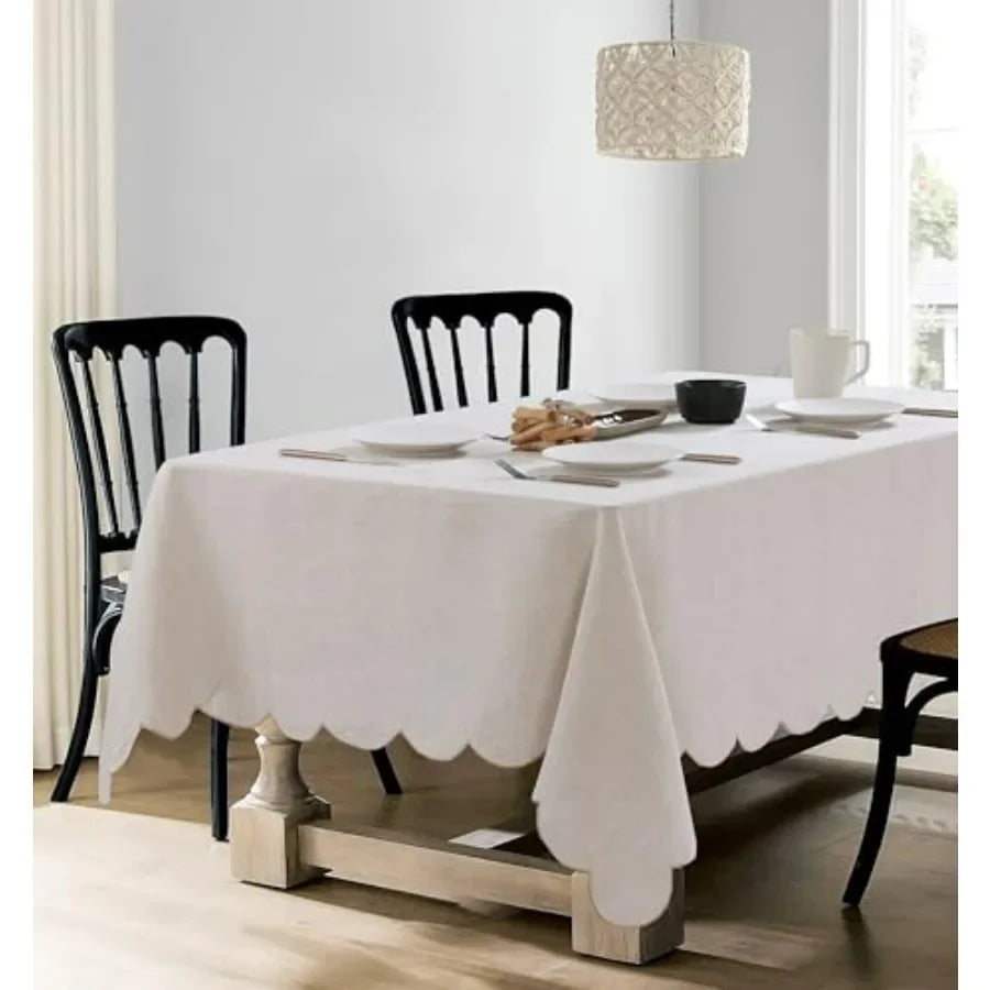 100% French Flax Linen Tablecloths Scalloped Embroidery Rectangle 84Lx60W Inch for Dinners, Parties, Spring, Easter, Machine Was