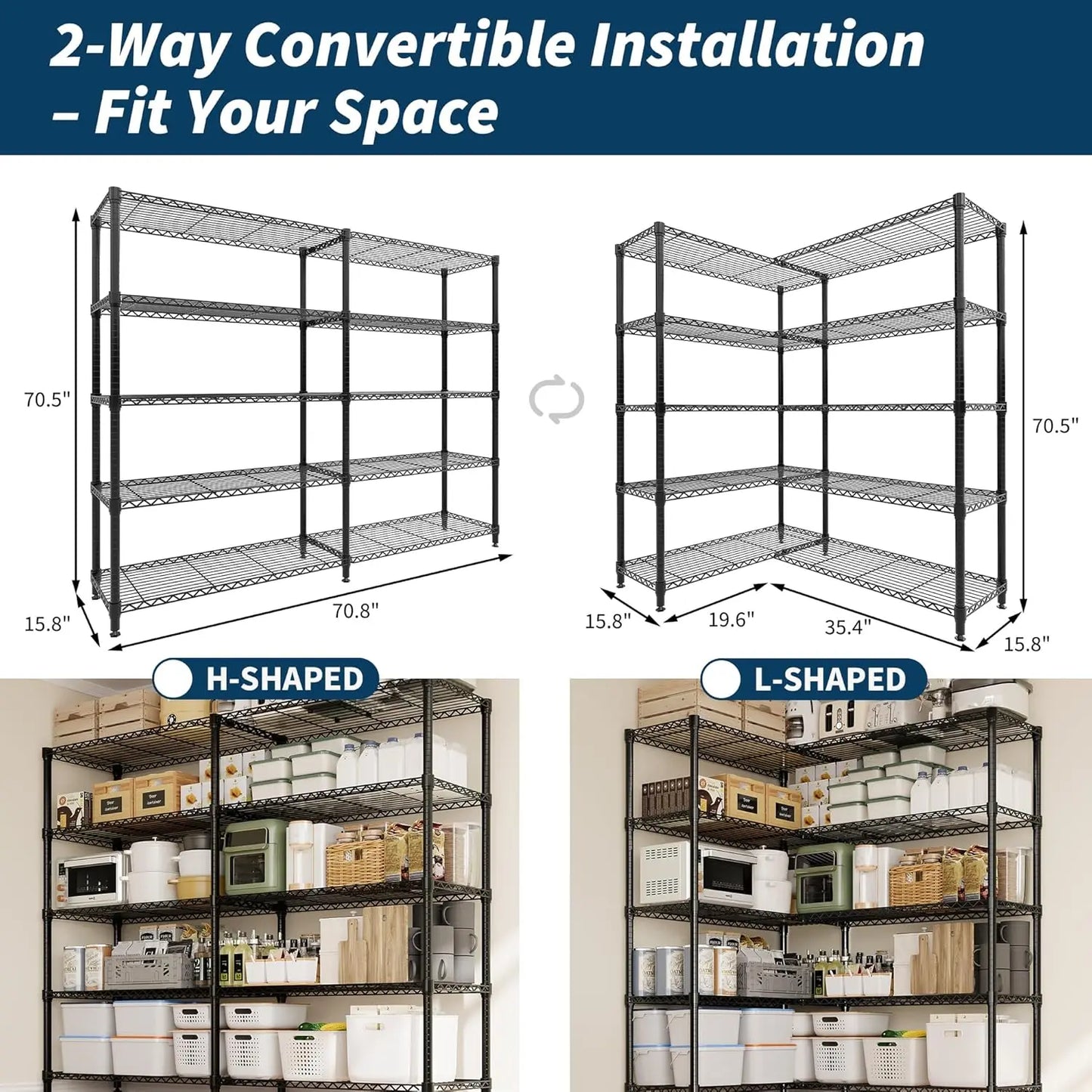 70" W Storage Shelves Metal Shelving Unit Heavy Duty Wire Shelving 5-Tier L-Shaped Storage Rack for Pantry Kitchen Corner