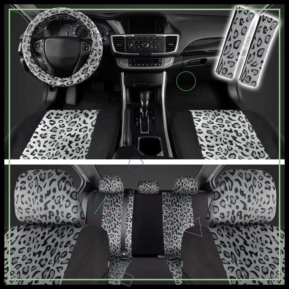 Leopard Print Car Seat Covers Full Set with Matching Accessories, Two-Tone Gray Cheetah Design for Women's Cars
