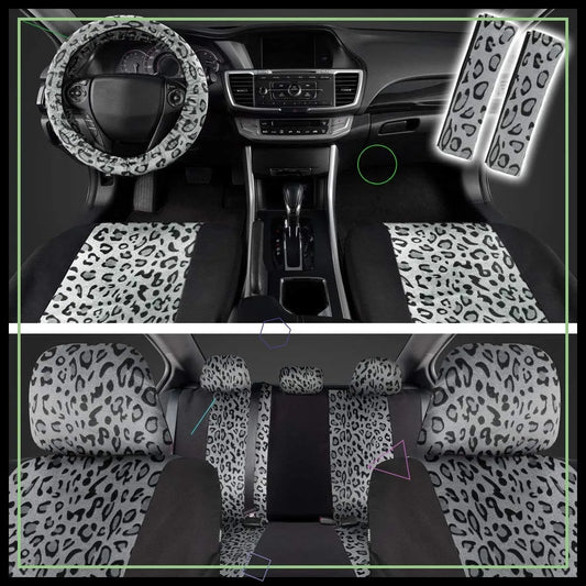 Leopard Print Car Seat Covers Full Set with Matching Accessories, Two-Tone Gray Cheetah Design for Women's Cars