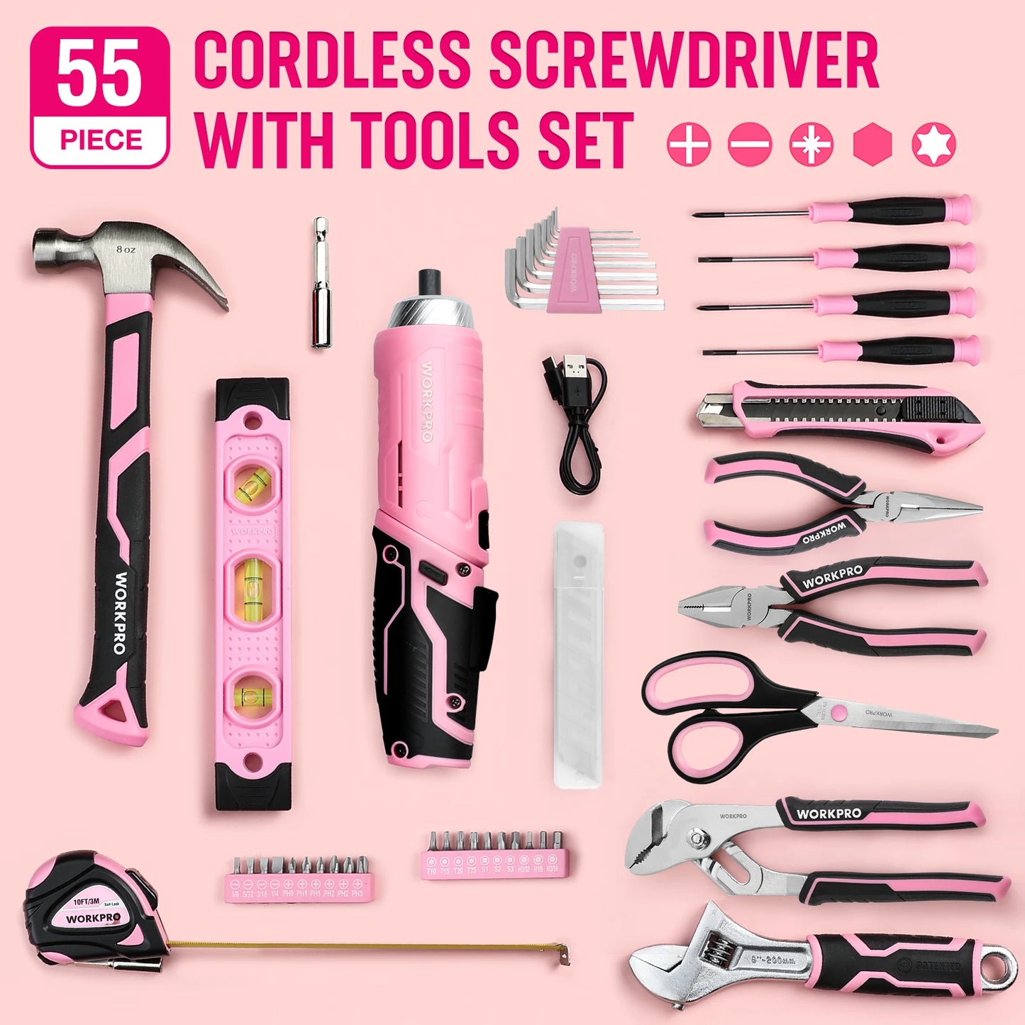 WORKPRO 53-Piece Pink Tool set with Electric Cordless Screwdriver, Basic Tool Kit Set for Women with 13'' Portable Tool Bag