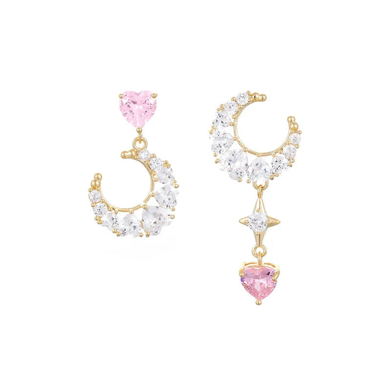 sweet moon earrings women girls asymmetric AB small heart drop white pink jewelry daily wear