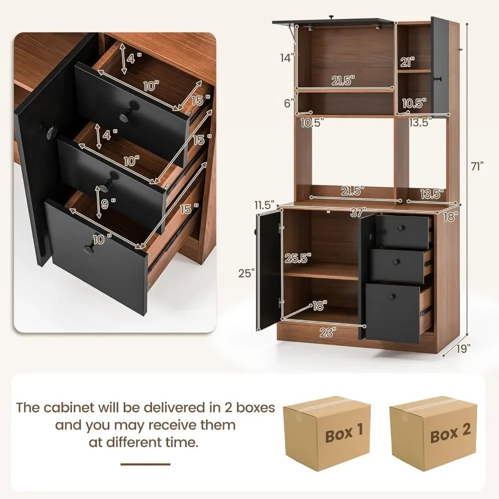 Kitchen Buffet Hutch Storage Cabinet, 71" Freestanding Pantry with 3 Cabinets & Drawers, Adjustable Shelves, Kitchen Cabinets