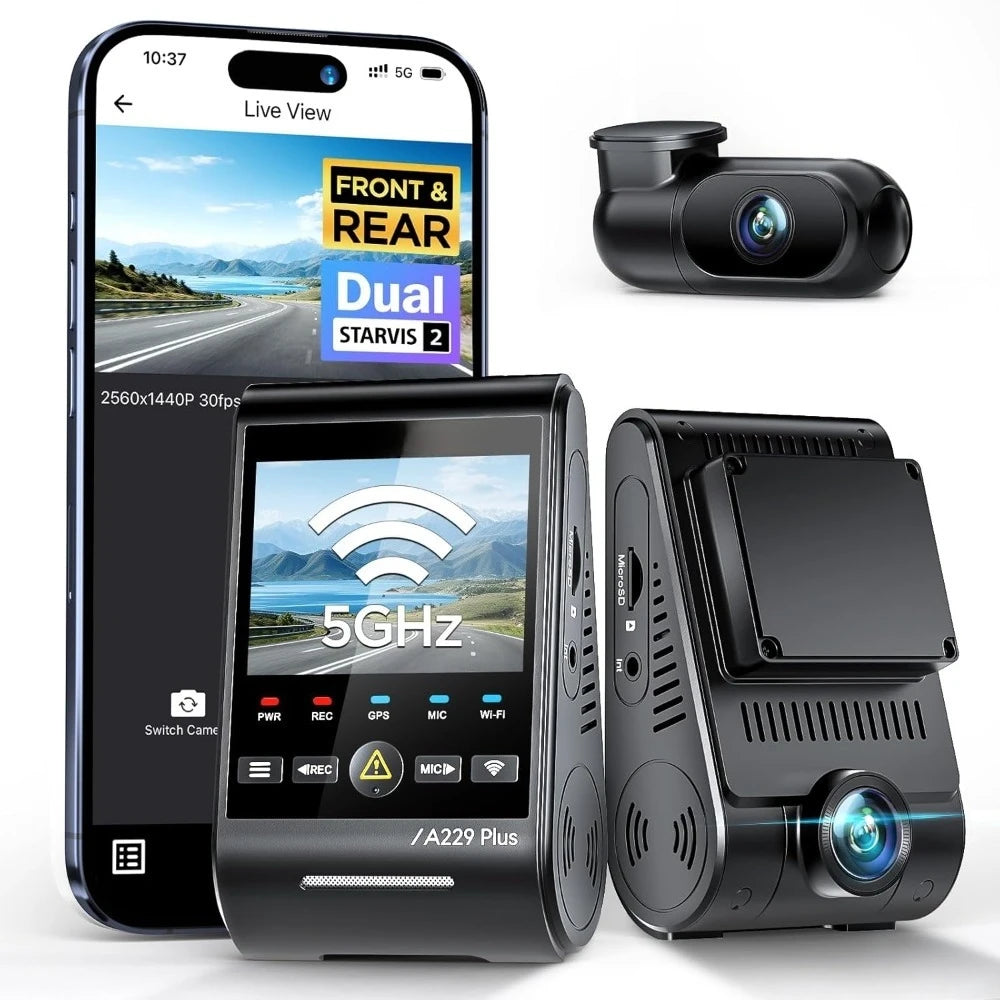 Front and Rear Dash Cam Dual Channel HDR 1440P 5GHz WiFi Voice Control Ultra Precise GPS Car Camera